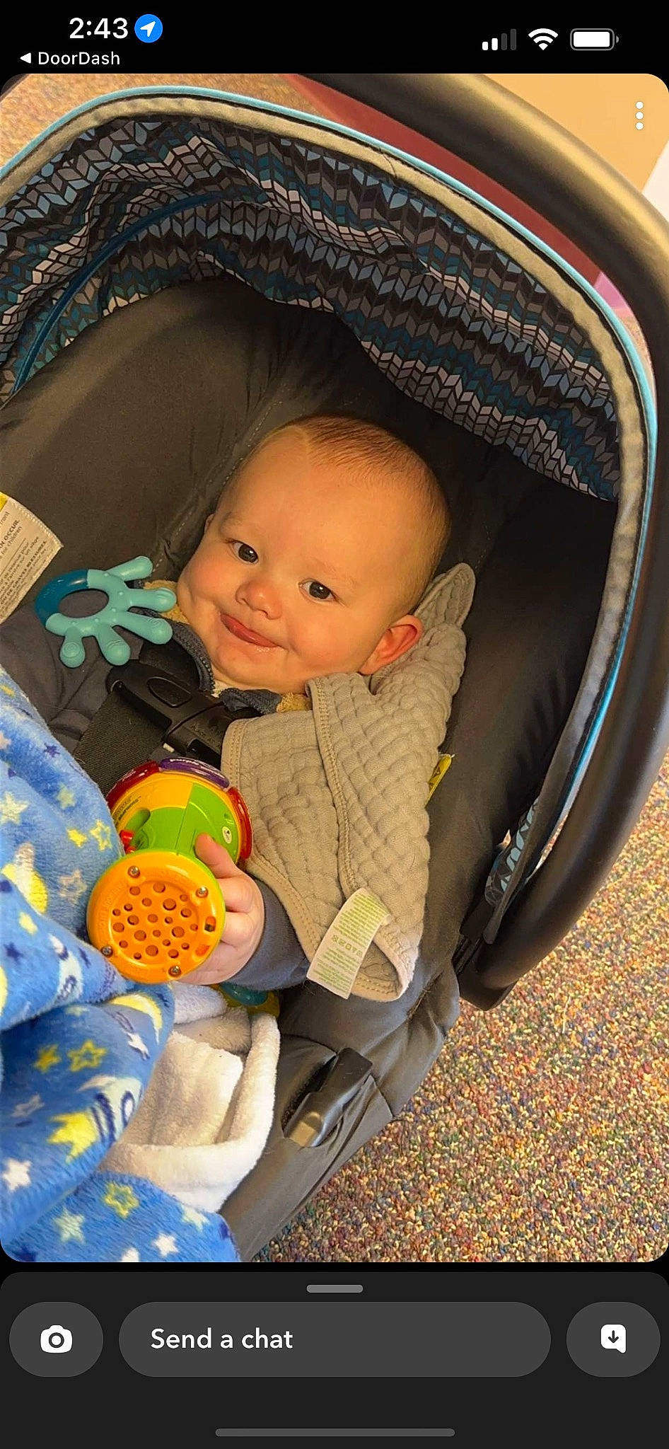 Elliot is registered to the contest to win money with this photo: baby, baby_carriage, baby_products, baby_safety, baby_sleeping, baby_toddler_clothing, baby_toys, cheek, child, comfort, fashion_accessory, fun, hat, infant_bed, joy, linens, pattern, person, personal_protective_equipment, sitting