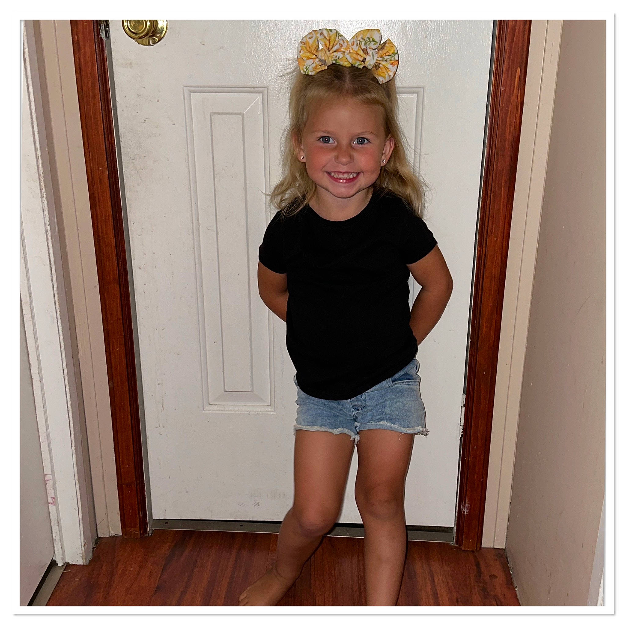 Brynlee joined the competition — help win amazing prizes! baby_toddler_clothing, denim, door, electric_blue, happy, human_leg, jean_short, joy, knee, neck, pattern, person, room, shorts, sleeve, smile, t_shirt, thigh, toddler, trunk