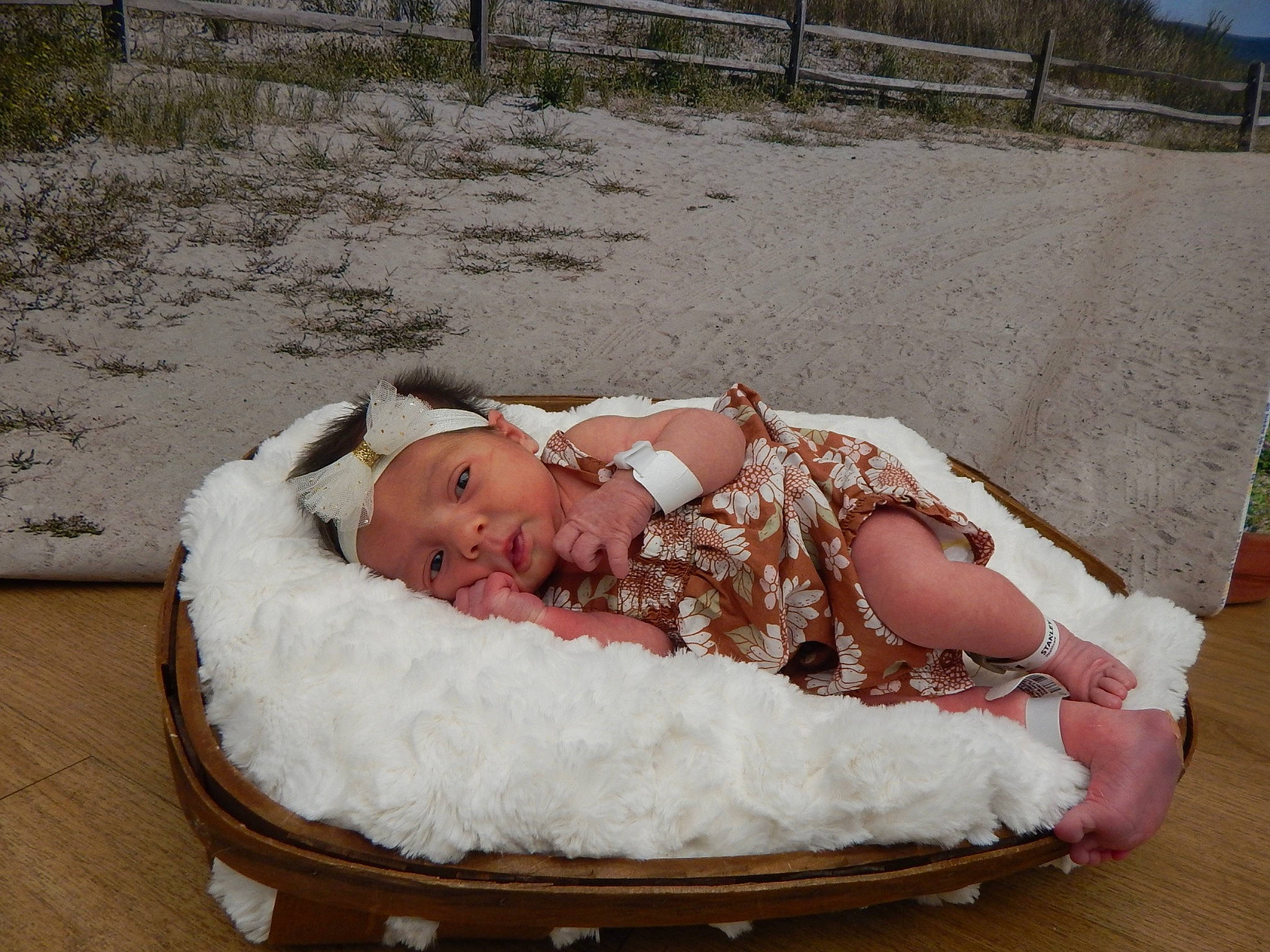 Everleigh is registered to the contest to win money with this photo: baby, child, comfort, couch, event, fashion_accessory, fence, fun, grass, happy, headwear, human_body, leisure, outdoor_furniture, person, plant, recreation, sandal, sitting, snow