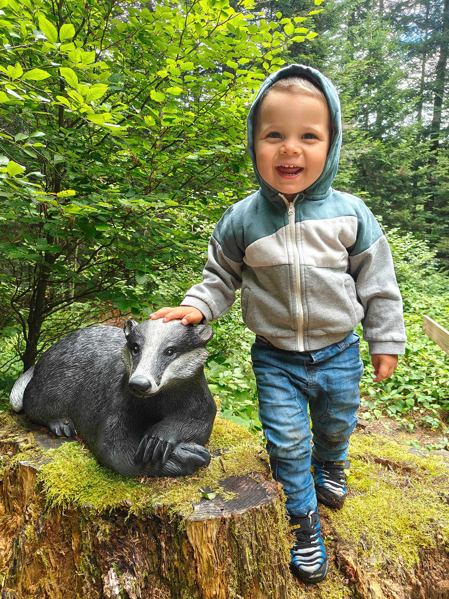 Léon a rejoint le concours — aidez-le/la à gagner de superbes lots ! child, toddler, hoodie, jeans, smiling, badger_statue, moss, tree_stump, forest, nature, outdoor, greenery, shoes, person, happy, daylight, casual_clothing, wood, foliage, cute