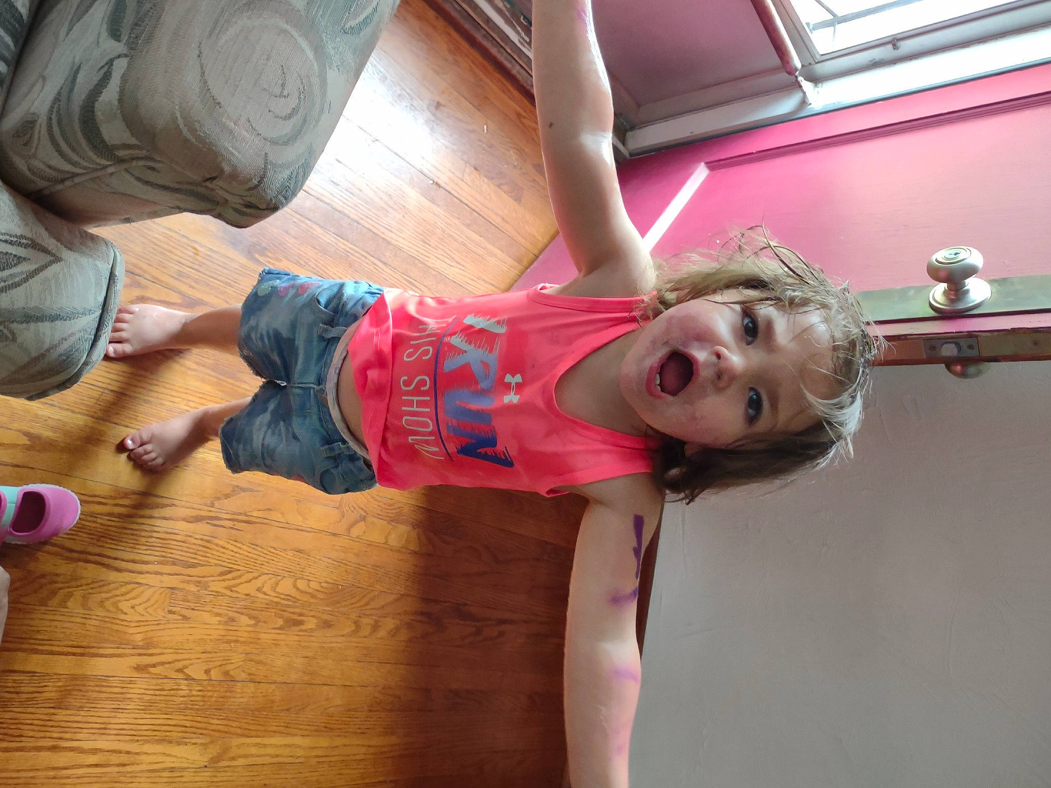 Leona joined the competition — help win amazing prizes! arm, elbow, entertainment, event, flooring, fun, hardwood, human_leg, joint, leisure, magenta, performing_arts, person, sportswear, surprise, thigh, toddler, trunk, varnish, waist