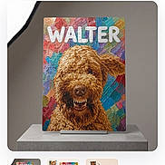Walter joined the competition — help win amazing prizes! dog, pet, portrait, puzzle, artwork, colorful, brown_dog, shaggy_dog, grinning, teeth, product, shopping, website, screenshot, mobile_phone, browser, online_store, storefront, text, display