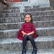 Evelyn is registered to the contest to win money with this photo: architecture, building, child, clothing, coat, face, female, footwear, girl, head, house, housing, jacket, jeans, pants, person, photography, portrait, sitting, staircase