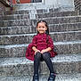 architecture, building, child, clothing, coat, face, female, footwear, girl, head, house, housing, jacket, jeans, pants, person, photography, portrait, sitting, staircase