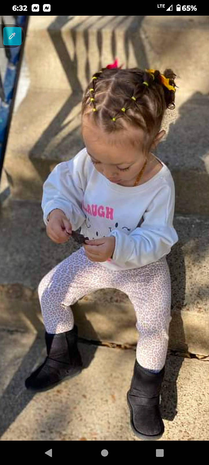 Jenna joined the competition — help win amazing prizes! baby, baby_toddler_clothing, child, cool, electric_blue, fashion_accessory, fun, fur, hair_tie, hairstyle, happy, head, headband, headpiece, jewellery, person, shoe, sitting, sleeve, soil