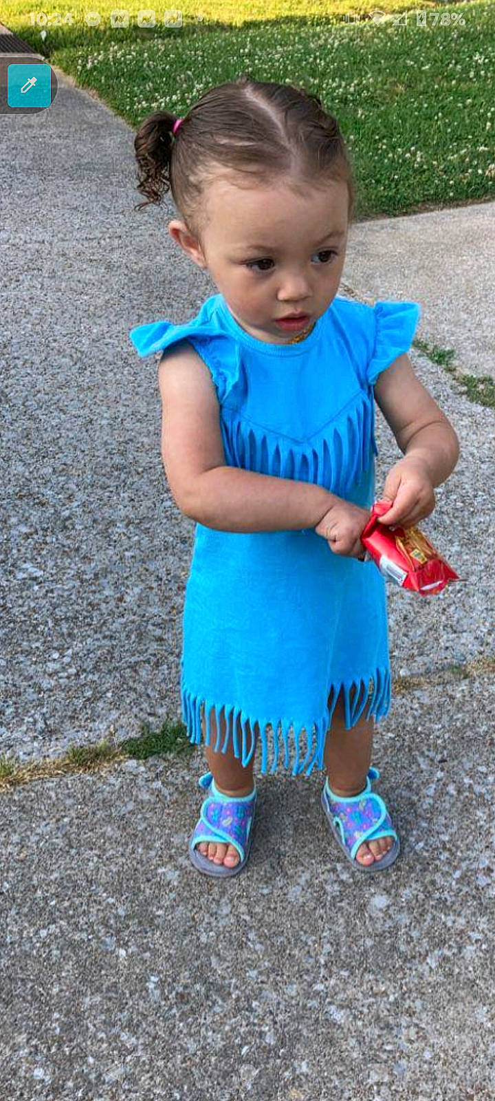 Avery is registered to the contest to win money with this photo: azure, baby, baby_toddler_clothing, blue, child, day_dress, dress, electric_blue, fun, grass, happy, pattern, person, plant, recreation, sandal, sleeve, t_shirt, toddler, waist