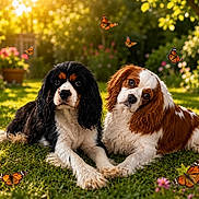 Torie Et Tokyo a rejoint le concours — aidez-le/la à gagner de superbes lots ! dog, cavalier_king_charles_spaniel, grass, butterfly, flower, garden, sunlight, outdoor, nature, pet, animal, cute, greenery, summer, relaxing, two_dogs, closeup, playing, peaceful, friendship