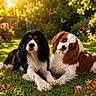 dog, cavalier_king_charles_spaniel, grass, butterfly, flower, garden, sunlight, outdoor, nature, pet, animal, cute, greenery, summer, relaxing, two_dogs, closeup, playing, peaceful, friendship