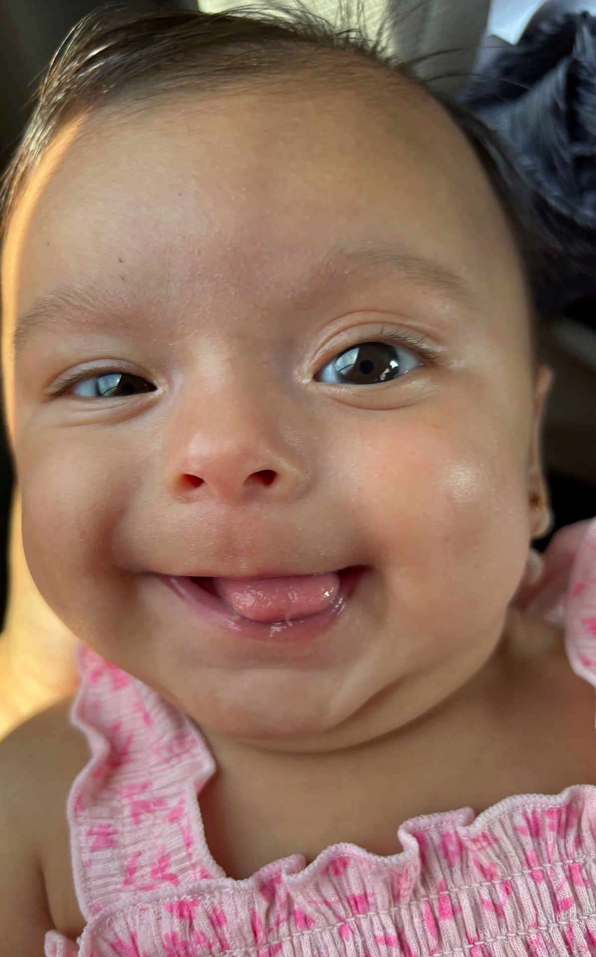 Kristine joined the competition — help win amazing prizes! adorable, baby, cheeks, child, close_up, cute, eyes, face, happy, infant, innocence, joy, person, pink_clothing, portrait, ruffled_clothing, skin, smile, tongue_out, young