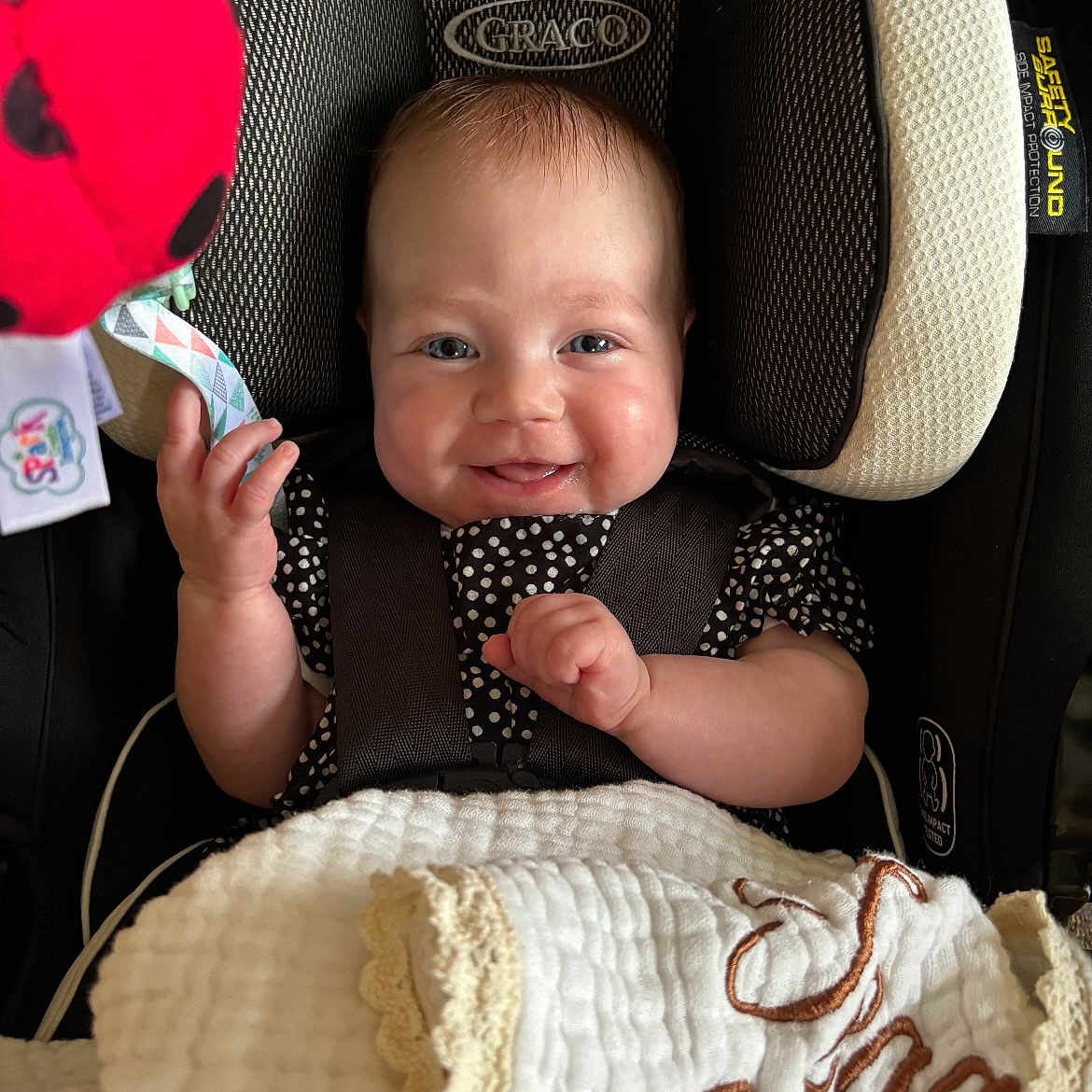 Teagan is registered to the contest to win money with this photo: baby, bodypart, car, car_interior, clothing, couch, cushion, face, finger, furniture, hand, hat, head, homedecor, newborn, person, photography, portrait, transportation, vehicle