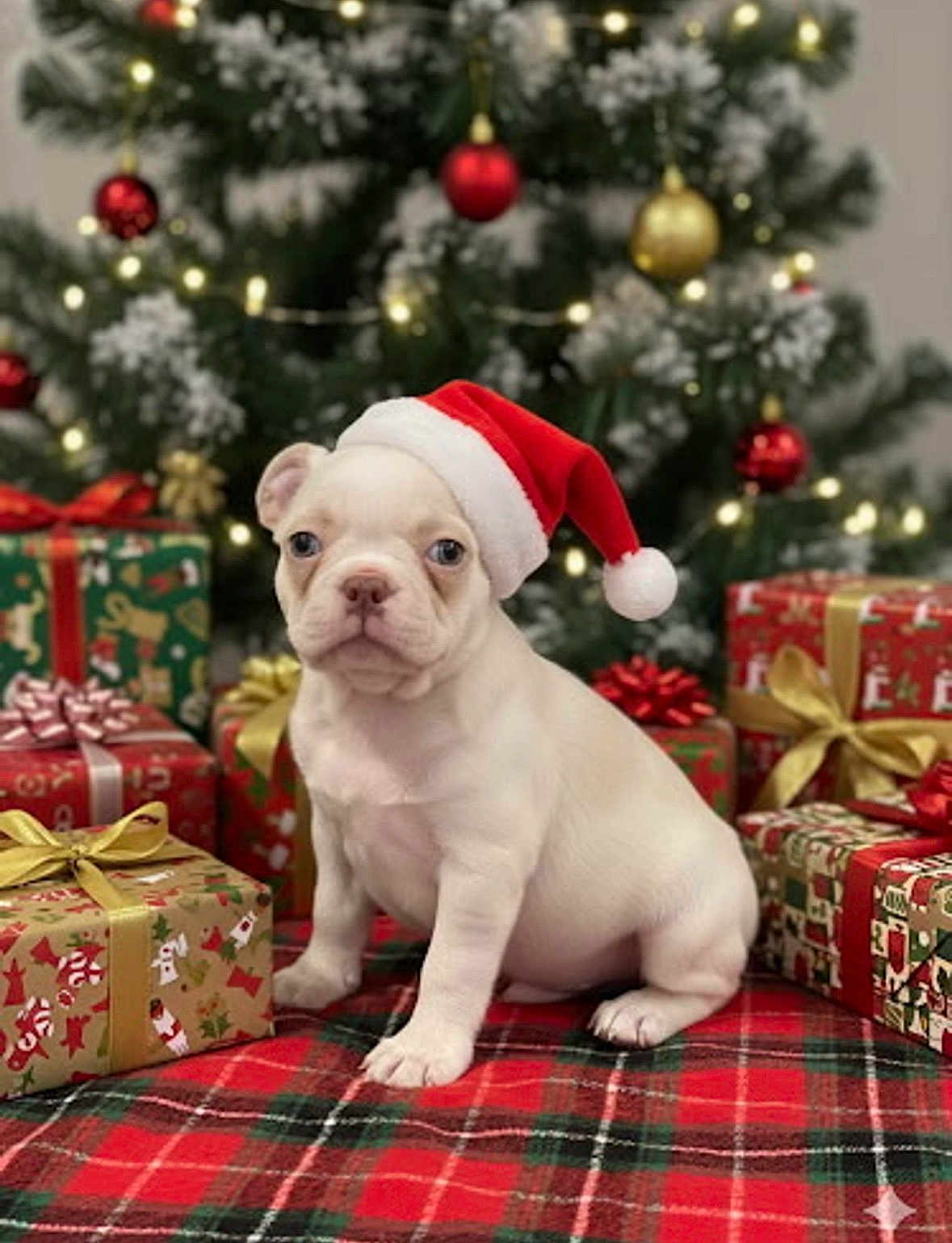 Mabel joined the competition — help win amazing prizes! puppy, dog, santa_hat, christmas_tree, christmas_presents, holiday, festive, decorations, red, green, plaid, blanket, cute, pet, indoor, celebration, winter, small_dog, holiday_spirit, festivity