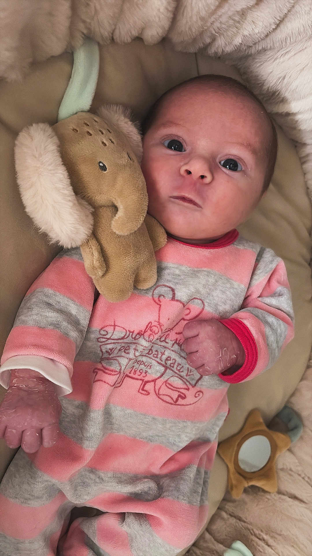 Julia a rejoint le concours — aidez-le/la à gagner de superbes lots ! baby, infant, plush_toy, elephant, pajamas, pink, gray, striped_clothing, blanket, soft_toy, star_mirror, face, hand, wide_eyes, lying_down, cozy, cute, child, indoors, portrait