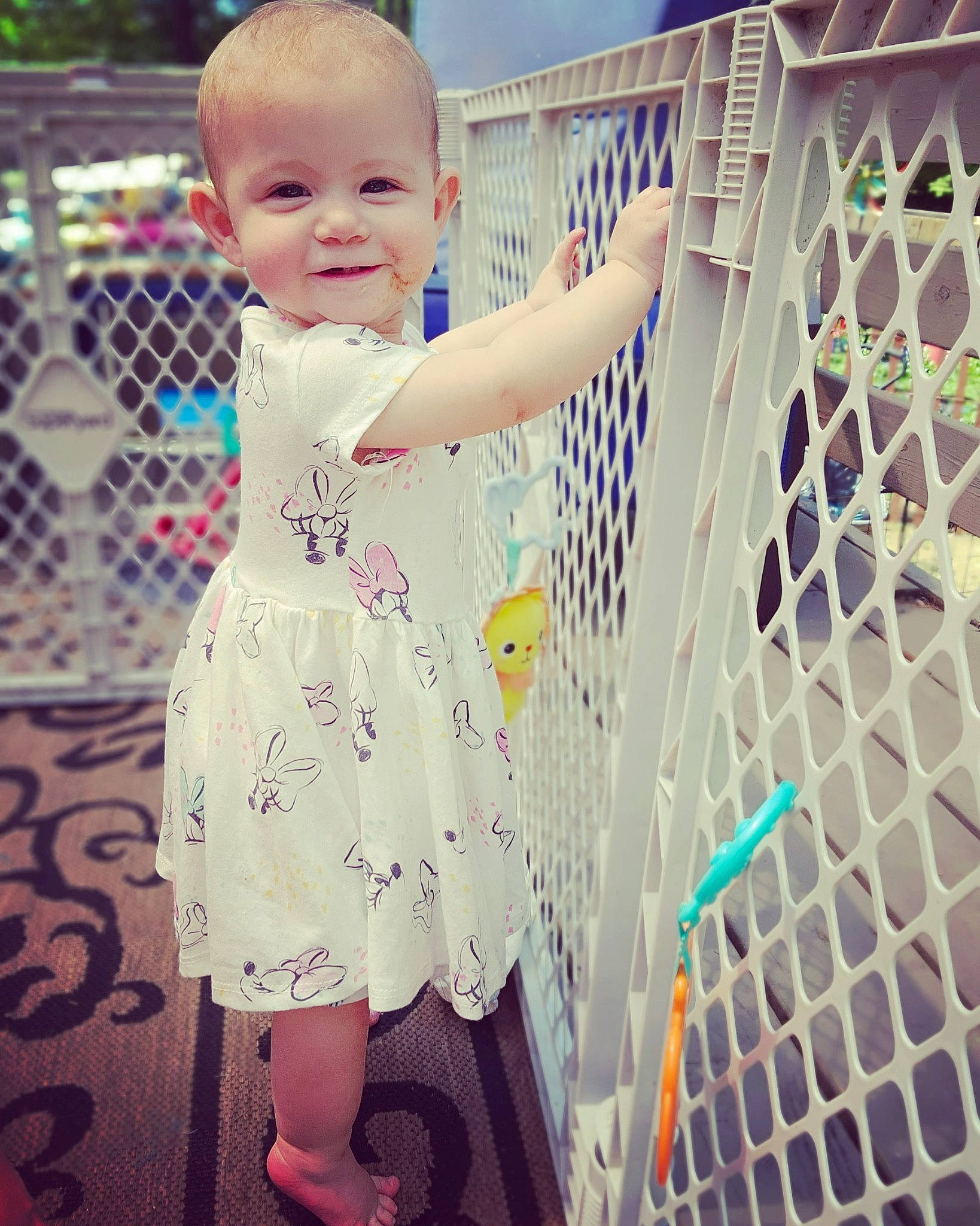 Kylie-mae is registered to the contest to win money with this photo: baby, baby_toddler_clothing, beauty, child, eye, fun, happy, joy, leisure, line, pattern, person, photograph, pink, shoulder, skin, sky, sleeve, smile, standing