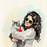 Asta a rejoint le concours — aidez-le/la à gagner de superbes lots ! artwork, background, cat, coat, curly_hair, cute, fashion, green_eyes, holding, hug, illustration, pet, portrait, red_bandana, smile, sunglasses, watercolor, whiskers, white_space, woman