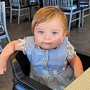 Bethany joined the competition — help win amazing prizes! toddler, child, high_chair, blue_eyes, dress, buttoned_clothing, restaurant, chairs, tables, indoor, portrait, person, cute, baby, seated, floor_tiles, table, calm, looking_at_camera, blonde_hair