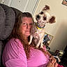 Reese joined the competition — help win amazing prizes! casual, companion, couch, cute, dog, domestic, friendly, furniture, head_tilt, home, indoor, long_hair, pet, photography, pink_shirt, portrait, relaxed, seated, small_dog, woman