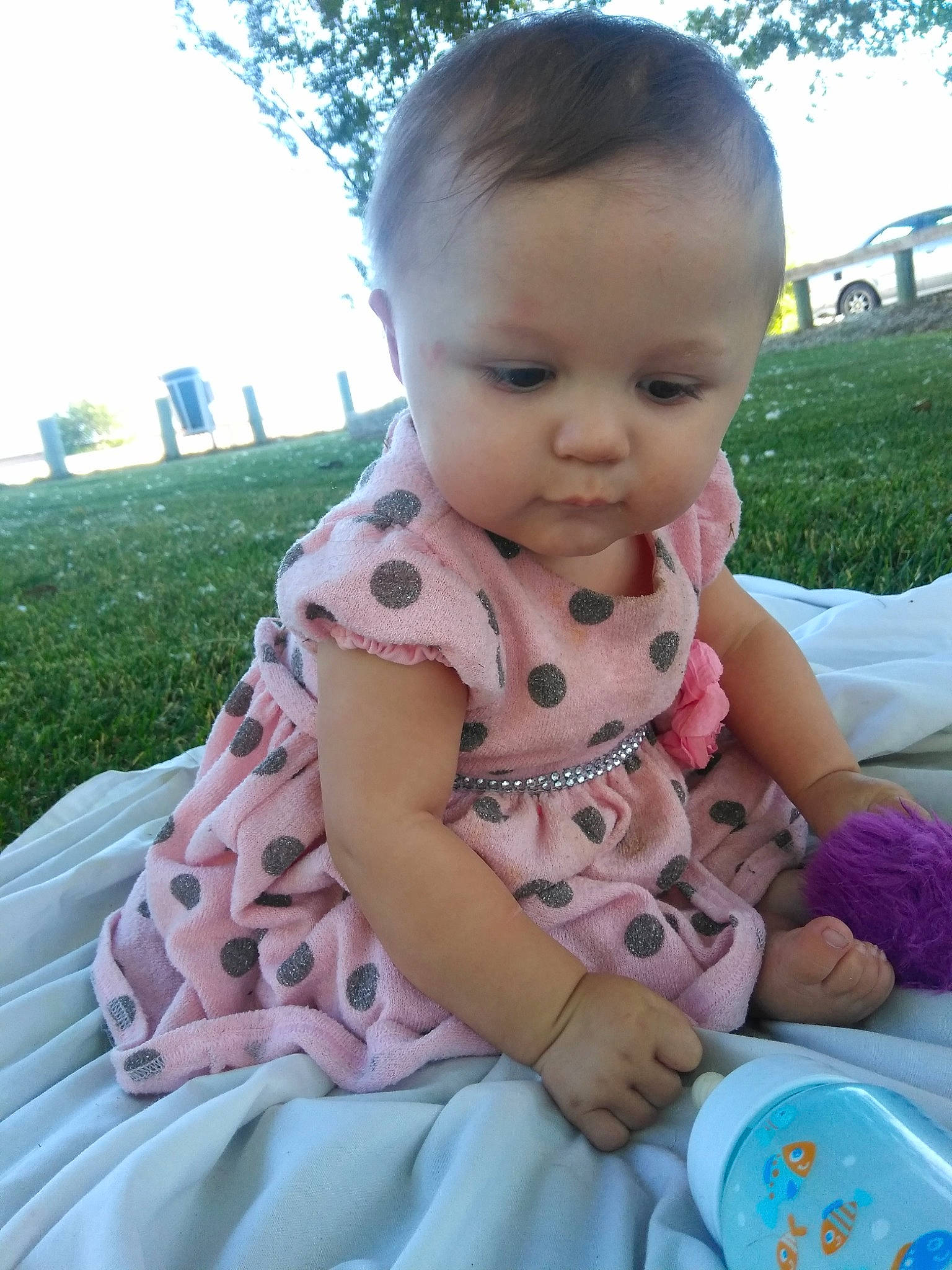 Ascilla is registered to the contest to win money with this photo: baby, baby_products, baby_toddler_clothing, cheek, fun, grass, hairstyle, happy, head, leaf, leisure, person, pink, plant, sitting, skin, sky, sleeve, summer, toddler