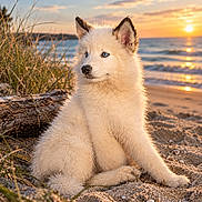 Varuna participe au concours pour gagner de l'argent avec cette photo : dog, puppy, white_fur, fluffy, sitting, beach, seaside, ocean, sunset, sunlight, sand, shoreline, waves, grass, driftwood, portrait, outdoors, animal, blue_eyes, scenic