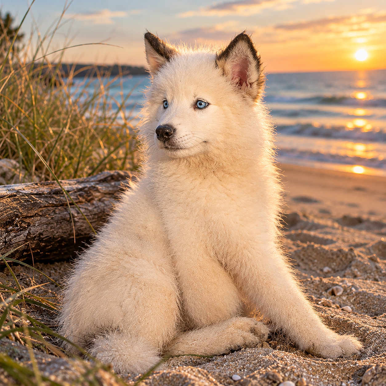 Varuna participe au concours pour gagner de l'argent avec cette photo : dog, puppy, white_fur, fluffy, sitting, beach, seaside, ocean, sunset, sunlight, sand, shoreline, waves, grass, driftwood, portrait, outdoors, animal, blue_eyes, scenic