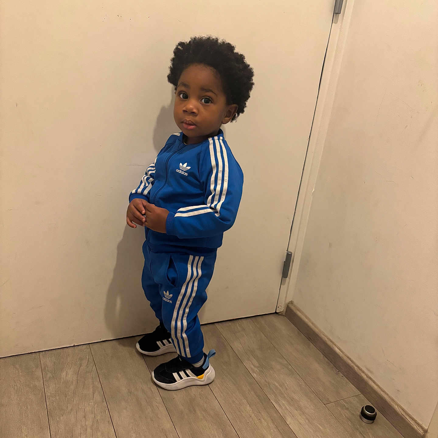 Kyzani a rejoint le concours — aidez-le/la à gagner de superbes lots ! adidas, black_hair, blue_tracksuit, casual_clothing, child, curious_expression, door, floor, footwear, full_body, indoors, person, portrait, sneakers, sporty, standing, toddler, wall, wooden_floor, young_person