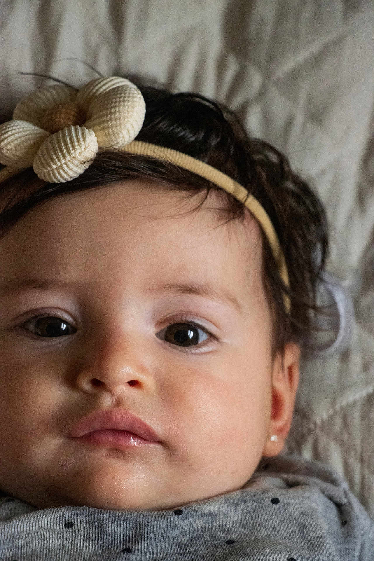 Maia joined the competition — help win amazing prizes! baby, face, headband, flower, curly_hair, polka_dot, soft, quilted, close_up, portrait, infant, child, cute, expression, skin, clothing, earring, lying_down, indoors, peaceful