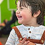 child, toddler, smiling, happy, face, hands, clothing, striped_shirt, overalls, brown_overalls, button, indoor, colorful_background, green_wall, blue_ceiling, portrait, cute, young_child, playful, joyful