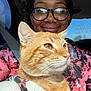 animal, blanket, car, casual_clothing, cat, closeup, feline, glasses, happy, headband, indoor, orange_tabby, person, portrait, seat, seatbelt, smiling, sunlight, whiskers, window