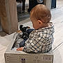 Mylan participe au concours pour gagner de l'argent avec cette photo : baby, box, cardboard, casual_clothing, child, child_playing, cute, floor, footwear, home, indoors, looking_down, plaid, puma_shoes, shirt, side_view, sitting, small_child, toddler, wooden_floor