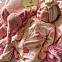 1_month, baby, blanket, bow, child, cozy, crocheted, cute, elephant, headband, indoors, infant, milestone, newborn, onesie, pink, portrait, sign, sleeping, soft_toy