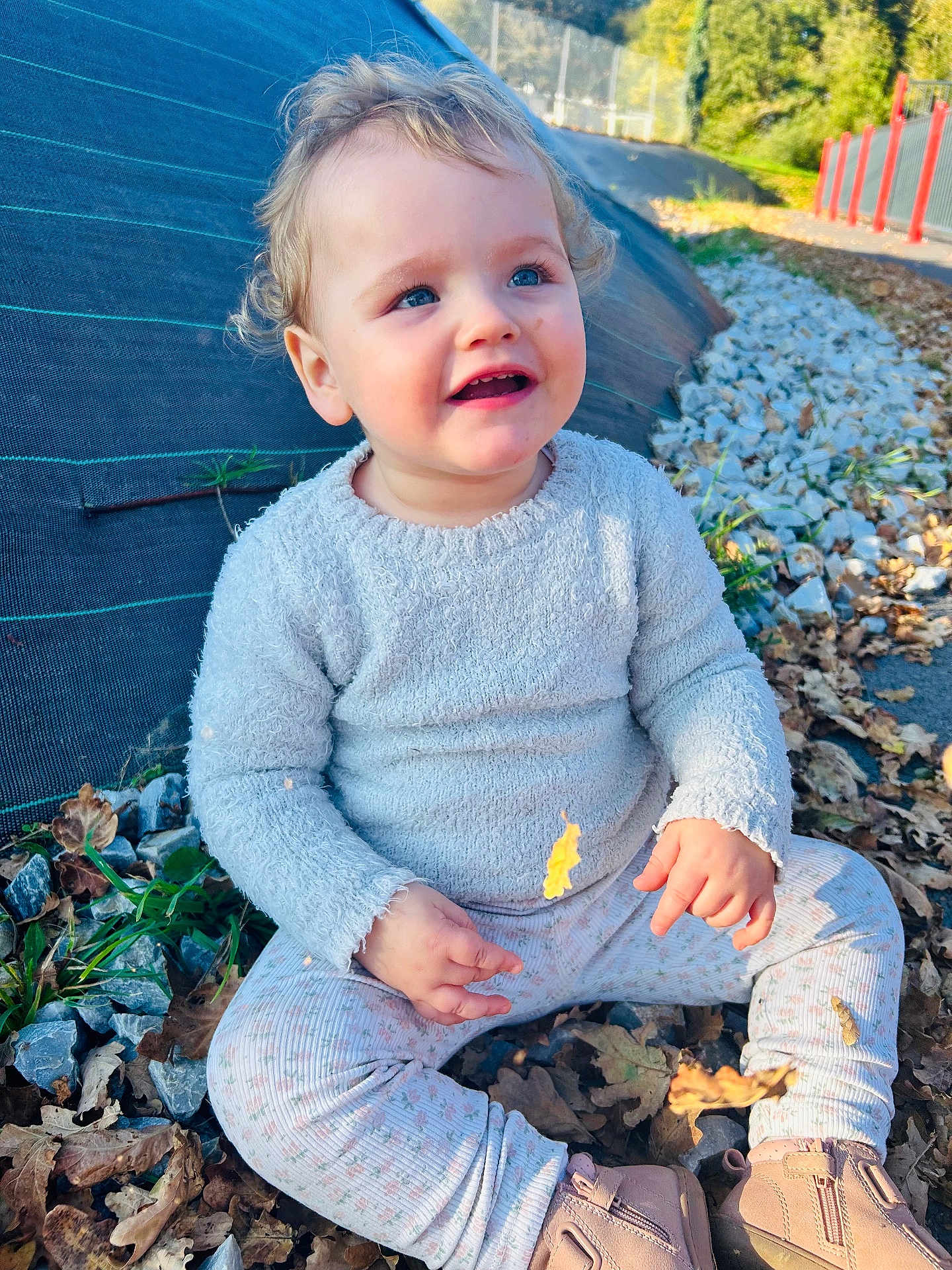 Victoria a rejoint le concours — aidez-le/la à gagner de superbes lots ! toddler, child, outdoor, autumn, leaves, rocks, sweater, pants, boots, smile, curly_hair, blue_eyes, sitting, nature, sunlight, playful, happy, person, daylight, casual_clothing