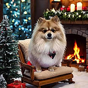 Piper joined the competition — help win amazing prizes! dog, pomeranian, chair, fireplace, christmas_tree, gift, holiday, cushion, indoors, snow, decorations, lights, wood, warm, festive, pet, cozy, animal, celebration, winter