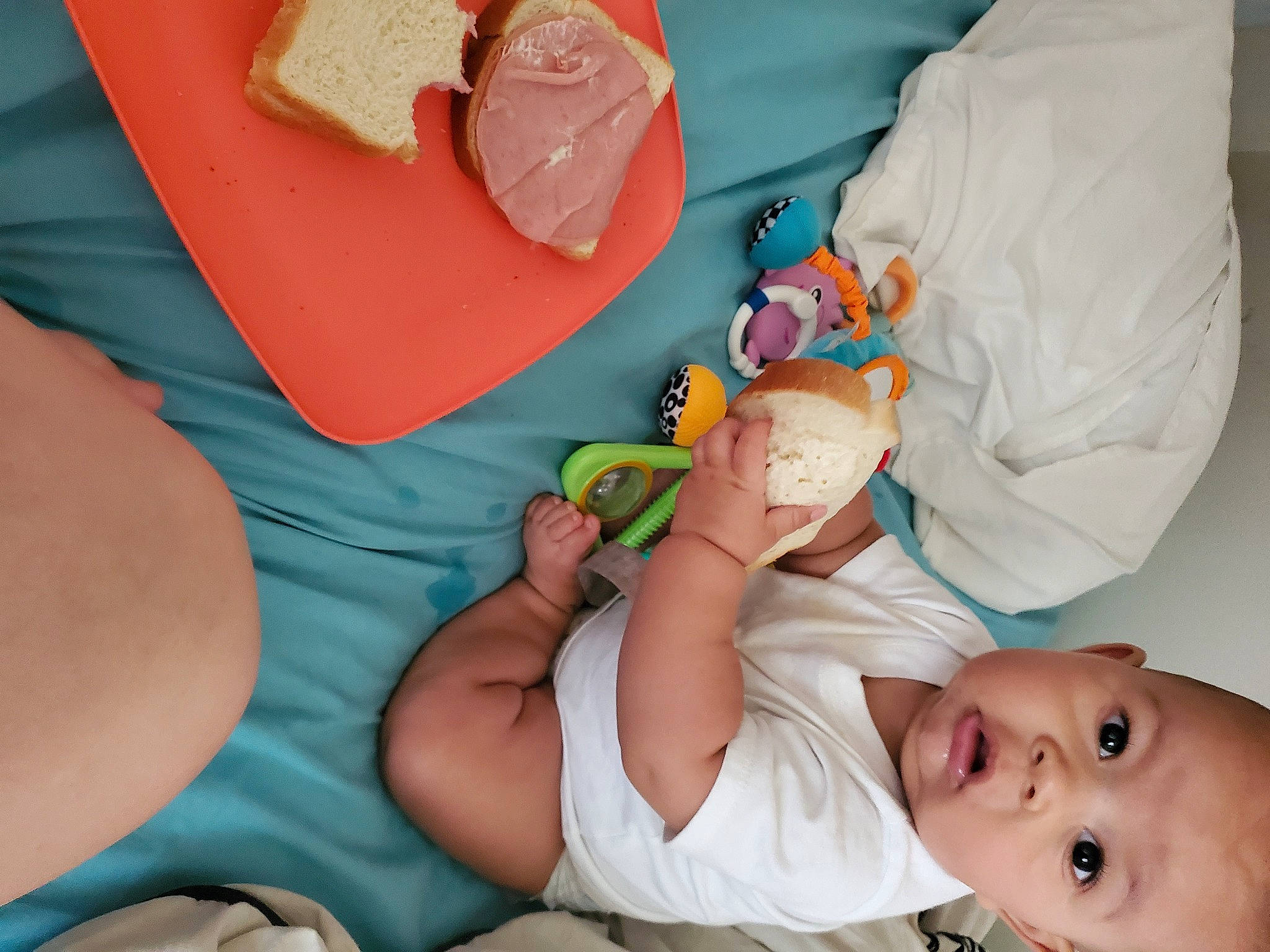 Dante Jr is registered to the contest to win money with this photo: abdomen, baby, baby_products, baby_toddler_clothing, child, comfort, event, finger, hand, human_leg, linens, medical_procedure, mouth, peach, person, product, room, service, skin, surprise