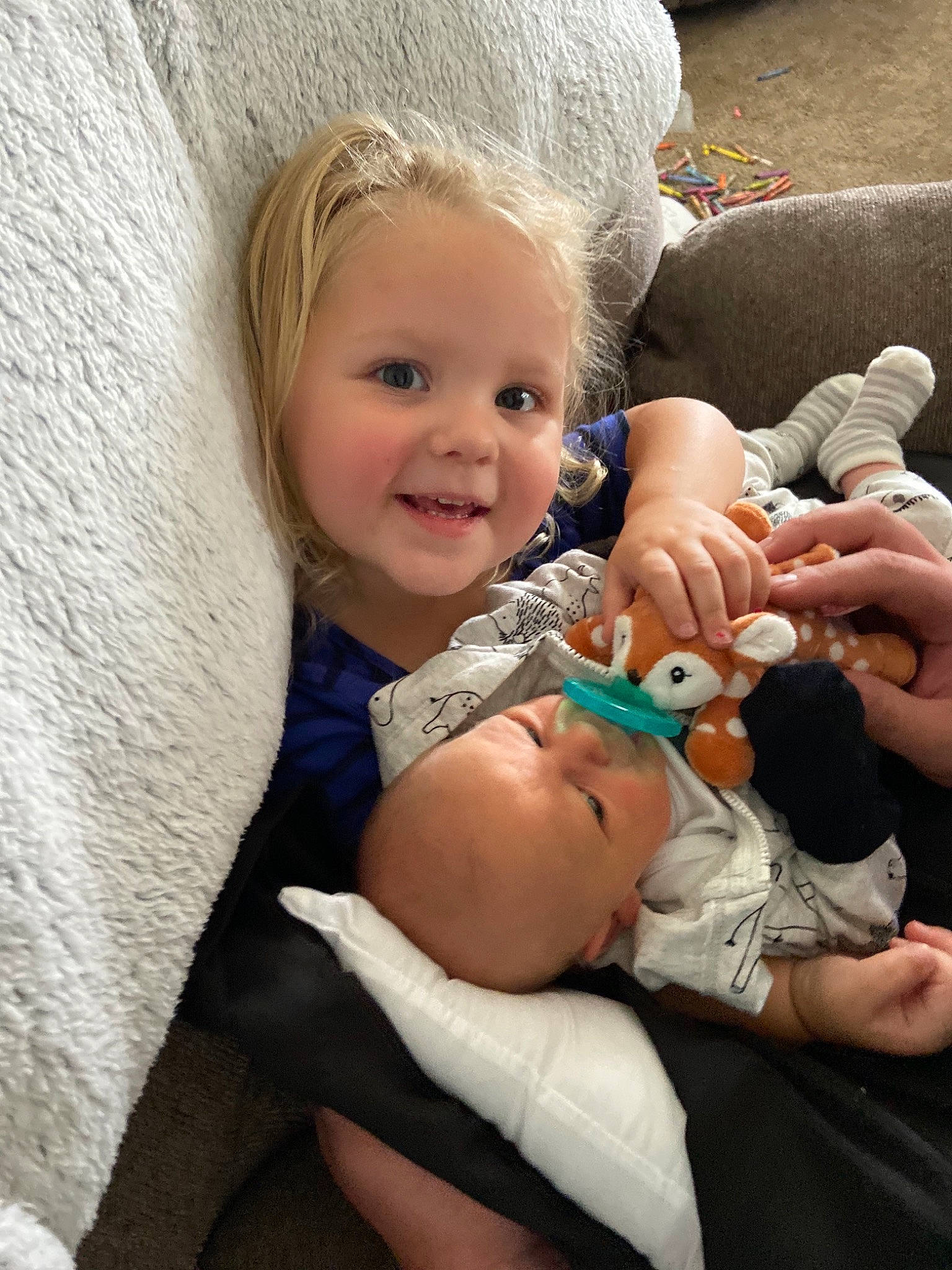 Aubree is registered to the contest to win money with this photo: baby, baby_products, baby_toddler_clothing, baby_toys, blond, finger, hand, human, nail, person, plush, puppet, stuffed_toy, thumb, toy