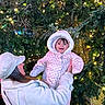 Aylin participe au concours pour gagner de l'argent avec cette photo : child, baby, woman, winter_clothing, pink_snowsuit, white_jacket, white_cap, evergreen_tree, christmas_lights, night, holiday, festive, smiling, outdoor, celebration, happy, holding, person, nature, seasonal