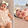 baby, infant, child, portrait, smiling, happy, bow, headband, romper, strawberry_pattern, pink_clothing, lying_down, bed, quilt, indoors, split_screen, close_up, facial_expression, nursery, photography