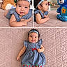 Camila is registered to the contest to win money with this photo: baby, infant, child, portrait, smiling, happy, headband, blue_dress, strawberry_pattern, socks, teddy_bear, stuffed_animal, bedroom, bed, pink_bedspread, indoors, collage, triptych, sitting, lying_down