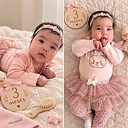 Camila joined the competition — help win amazing prizes! baby, infant, child, portrait, smiling, pink_clothing, headband, tutu, plush_toy, duck_toy, milestone_photo, three_months, bed, quilt, soft_blanket, hairbrush, pastel_colors, indoor, sitting, lying_down