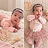 baby, infant, child, portrait, smiling, pink_clothing, headband, tutu, plush_toy, duck_toy, milestone_photo, three_months, bed, quilt, soft_blanket, hairbrush, pastel_colors, indoor, sitting, lying_down