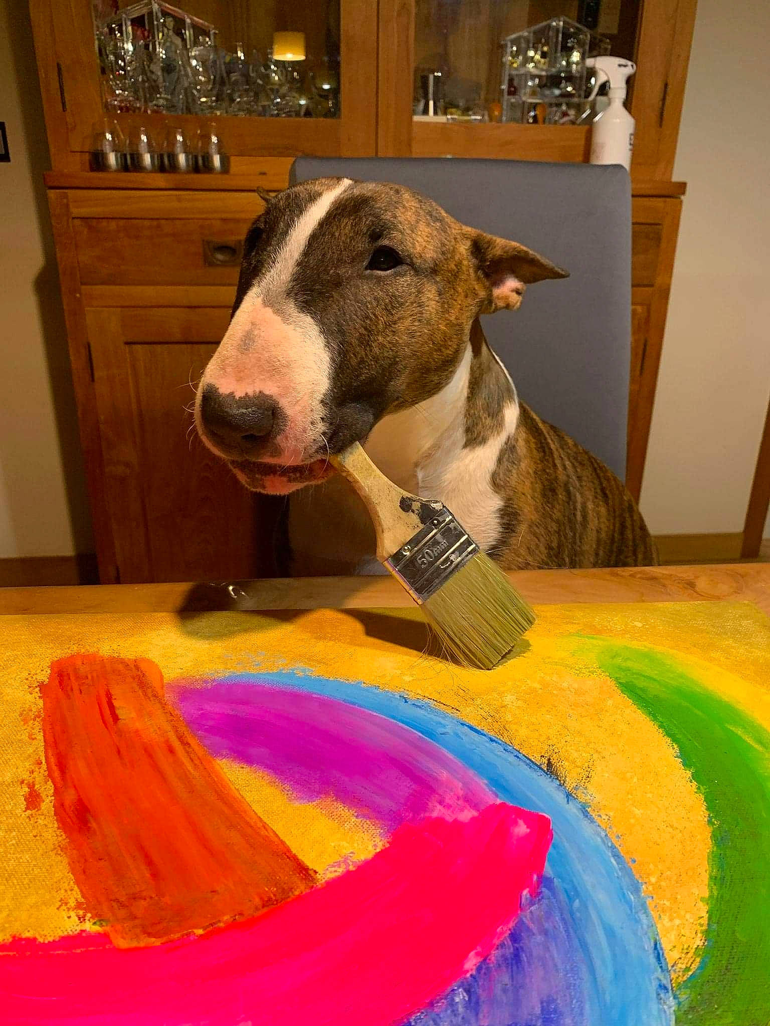 Pimkie participe au concours pour gagner de l'argent avec cette photo : art, cabinetry, carnivore, companion_dog, dog, dog_breed, dog_supply, fawn, flooring, fur, hardwood, paint, pet_supply, snout, sporting_group, terrestrial_animal, visual_arts, whiskers, wood, working_animal