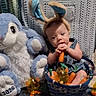 baby, bunny_ears, carrot, basket, plush_toy, stuffed_animal, blue, cute, child, indoors, easter, holiday, toy, face, smiling, decor, fabric, sitting, headwear, playful
