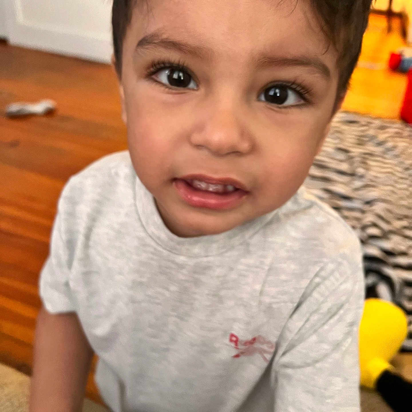 Jorge joined the competition — help win amazing prizes! background_blur, blanket, casual_clothing, child, close_up, curious, eyes, face, gray_tshirt, home, indoor, person, portrait, short_hair, skin, smile, toddler, toy, wooden_floor, young
