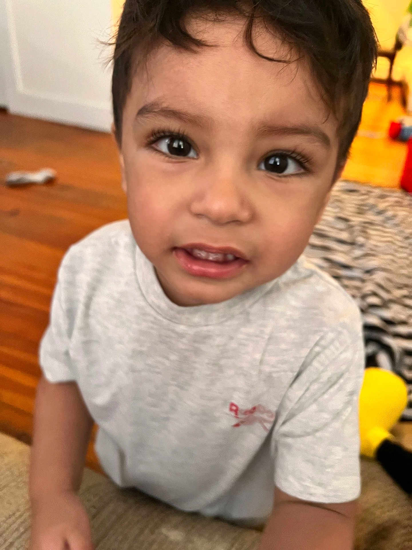 Jorge joined the competition — help win amazing prizes! child, close_up, indoor, toddler, gray_tshirt, wooden_floor, blanket, toy, face, eyes, smile, person, young, curious, casual_clothing, short_hair, skin, portrait, home, background_blur