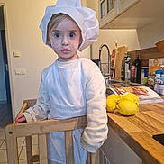 Anastasia participe au concours pour gagner de l'argent avec cette photo : child, toddler, chef_hat, apron, flour, kitchen, lemons, wooden_chair, countertop, cabinet, sink, person, cooking, indoors, cute, surprised, blonde_hair, white_clothing, floor_tiles, home