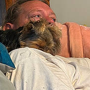 Cash Carter is registered to the contest to win money with this photo: beard, brown_hair, casual, close_up, comfort, couch, dog, face, fur, furniture, home, human, indoor, man, nap, pet, relaxing, resting, sleeping, white_shirt