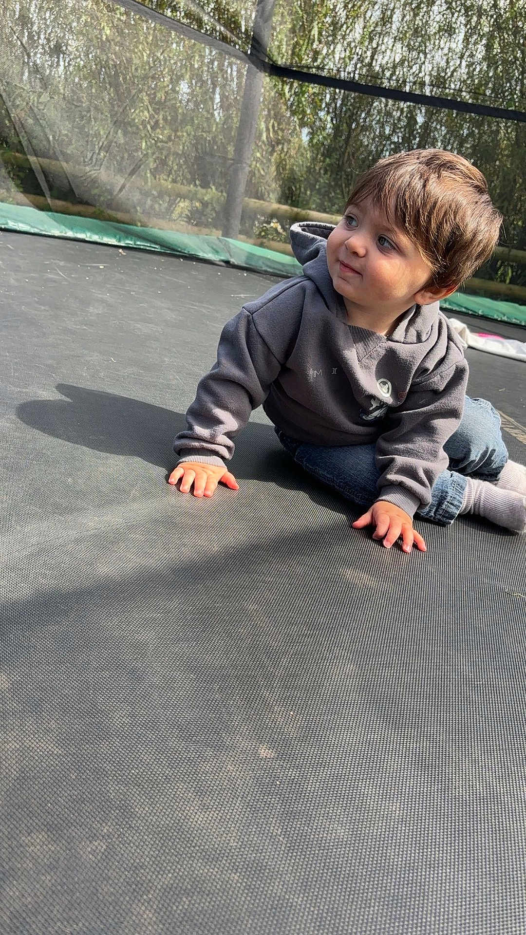 Valentino joined the competition — help win amazing prizes! casual, child, curious, cute, daylight, grass, hoodie, jeans, netting, outdoor, playing, portrait, shadow, sitting, socks, sunlight, toddler, trampoline, trees, young