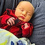 newborn, baby, sleeping, blanket, red_clothing, plaid, infant, cozy, peaceful, hands, face, portrait, soft, cute, child, resting, warm, indoors, person, sleep
