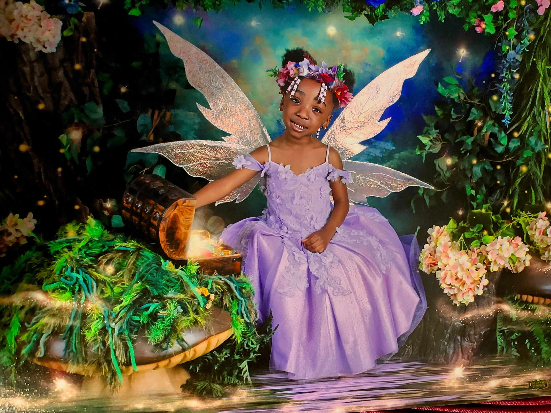 Raeann joined the competition — help win amazing prizes! child, costume, fairy_wings, fantasy, flower_crown, flowers, forest, girl, glowing_lights, greenery, happy, imaginative, lavender_dress, magic, nature, playful, portrait, smiling, sparkles, treasure_chest