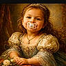 child, girl, portrait, vintage_clothing, pacifier, tiara, long_hair, jewelry, flower, dress, smile, hands, table, classic, painting_style, costume, young, cute, indoor, decorative