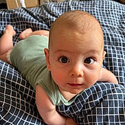 Ayden participe au concours pour gagner de l'argent avec cette photo : baby, infant, child, crawling, blanket, checkered, bed, indoors, face, eyes, curious, clothing, green_shirt, skin, person, cute, young, head, expression, hand