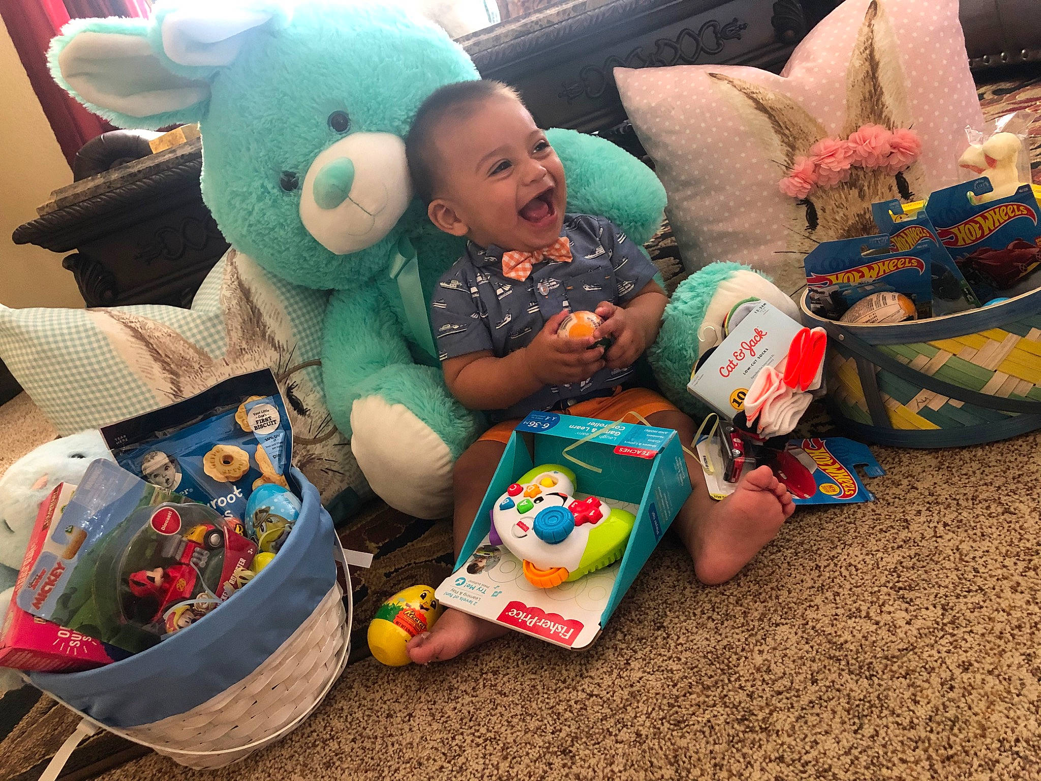 Diego joined the competition — help win amazing prizes! baby, child, ear, person, play, plush, room, sitting, snapshot, stuffed_toy, teddy_bear, toddler, toy, vacation